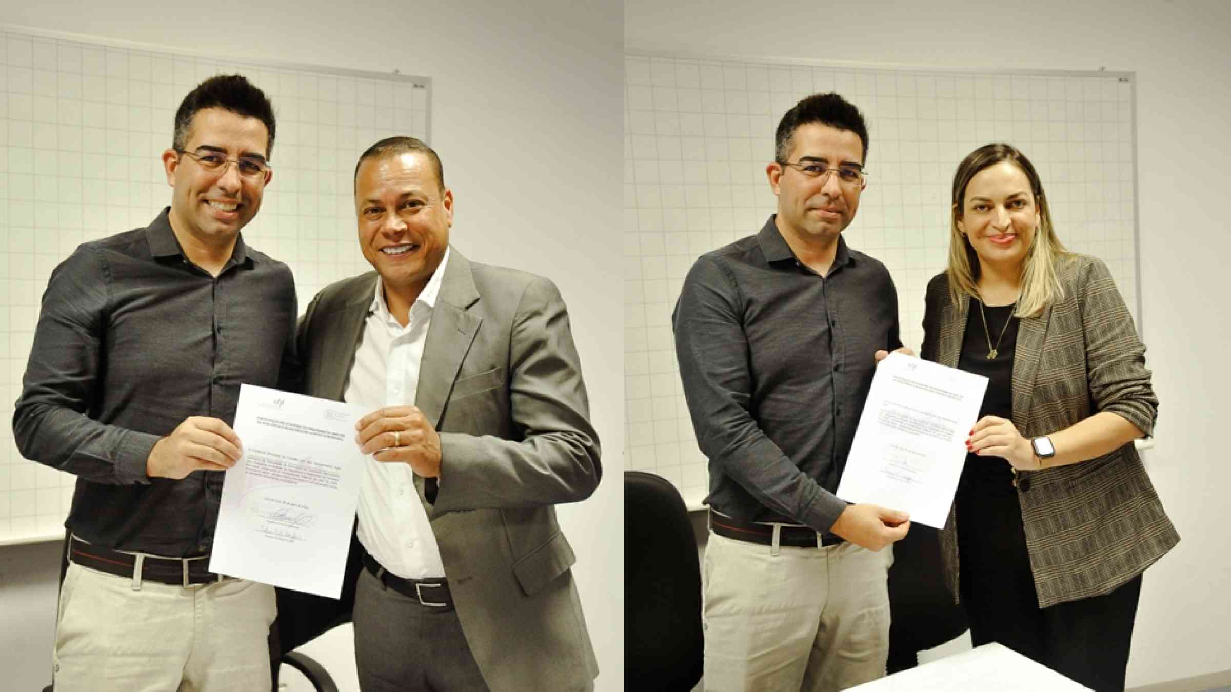 Fabrício Campos (UFJF) al lado de César da Silva Nascimento (Cubatão, SP) y Lorena Rodrigues de Oliveira (Franco da Rocha, SP) con acuerdos de cooperación firmados. 