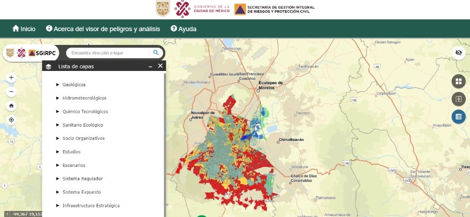 Hazard and analysis viewer of the Mexico City Risk Atlas, with the hazard layers displayed over the Metropolitan Area of the Valley of Mexico