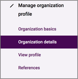 How to complete organization profile - menu