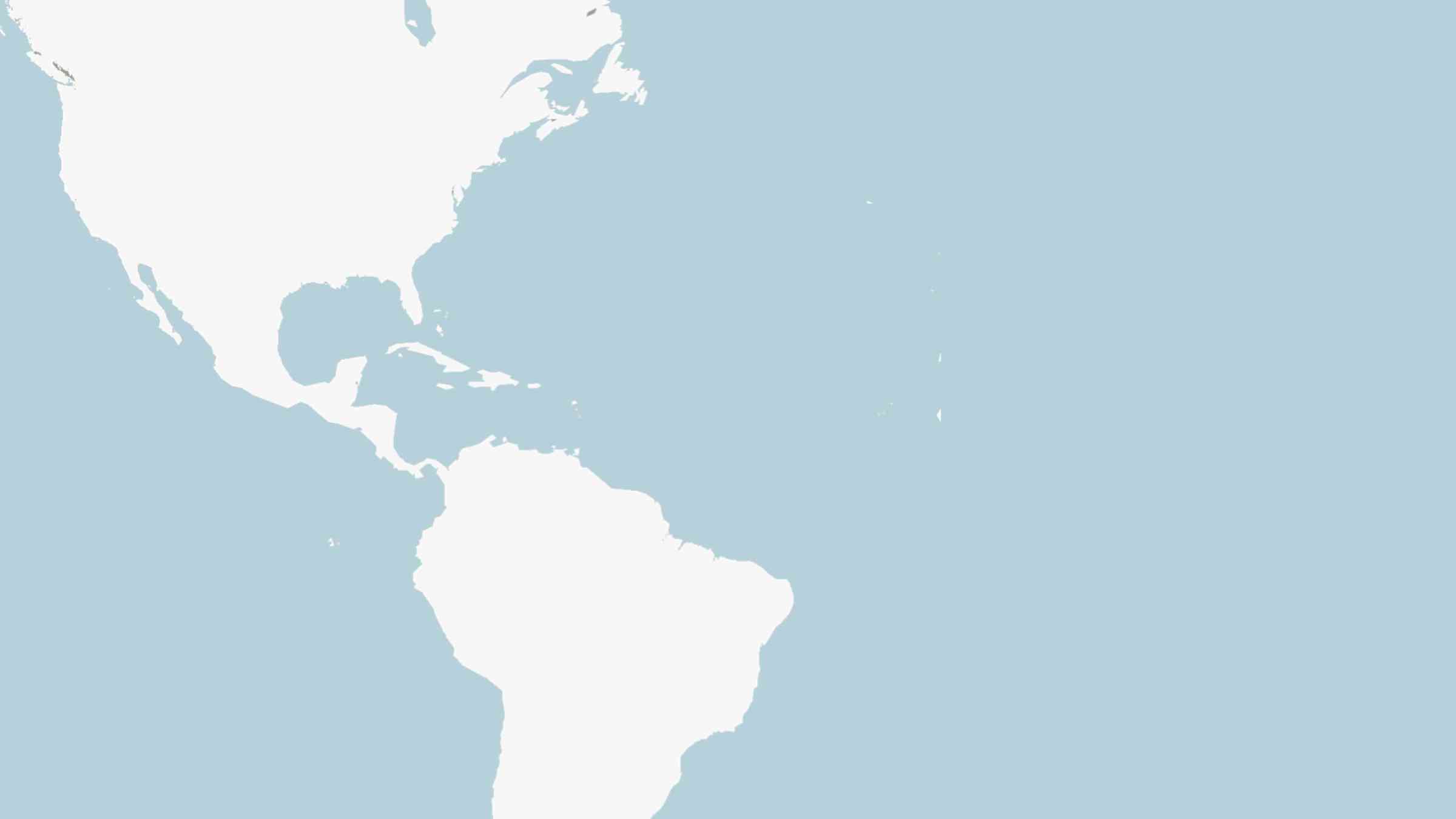 A blank map of North and South America with a blue background 
